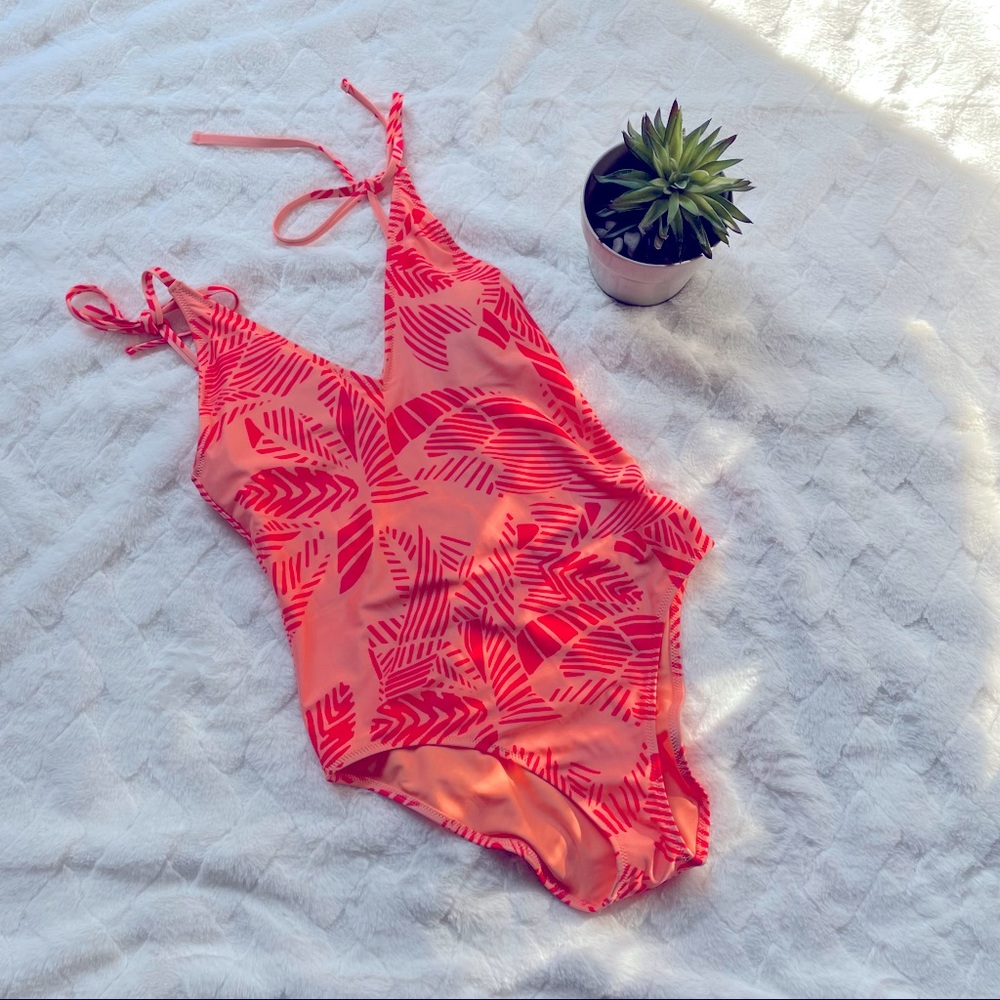 aerie Coral Pink Leaf-Print One-Piece Swimsuit